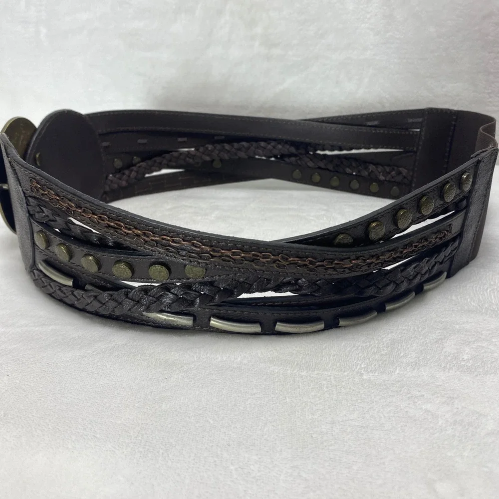 Chicos Faux Leather Dark Brown Wide Braided Studded Belt‎ Fashion Accessory Chic